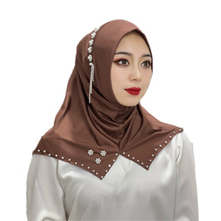 Cross-border Convenient Lazy Headgear Monochrome Beaded Flower Tassel Headscarf Ethnic Hat Middle East African Headgear