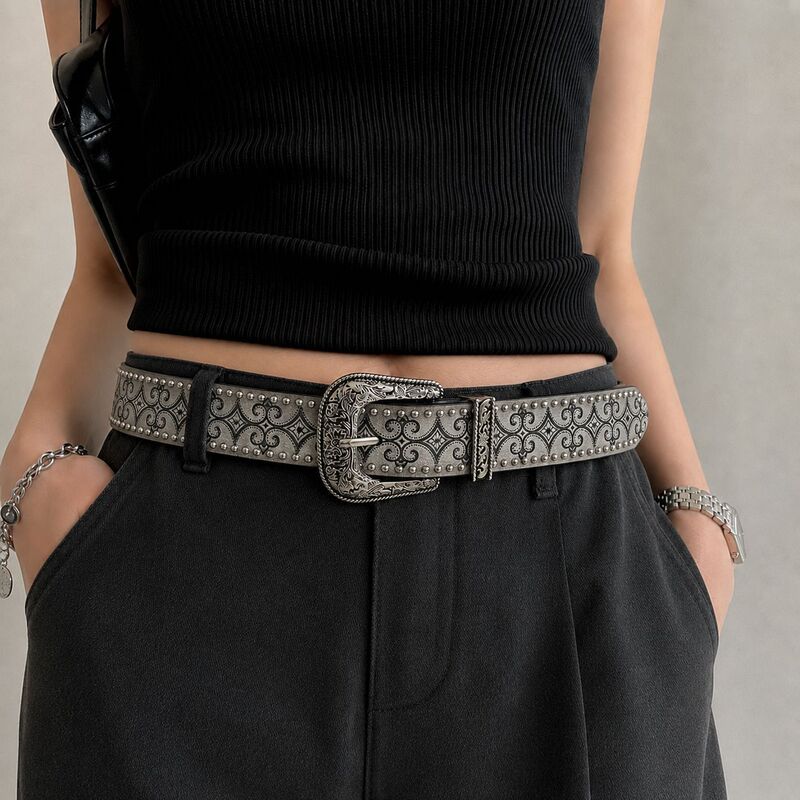New Vintage Western Studded Belt, Retro Distressed Studded Embossed Belt with Central Asian Pin Buckle New Vintage Western Studded Belt, Retro Distressed Studded Embossed Belt with Central Asian Pin Buckle