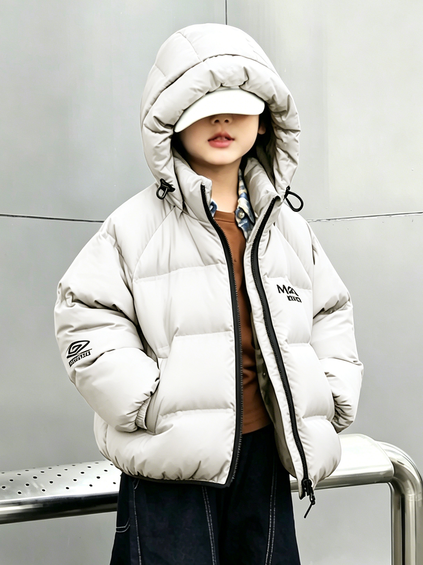 Short winter velvet children's down jacket for boys with hood