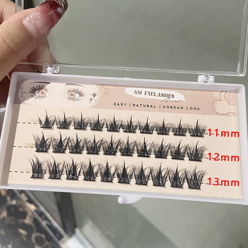 Dense realistic false eyelashes, cluster extensions, natural big-eye comic style