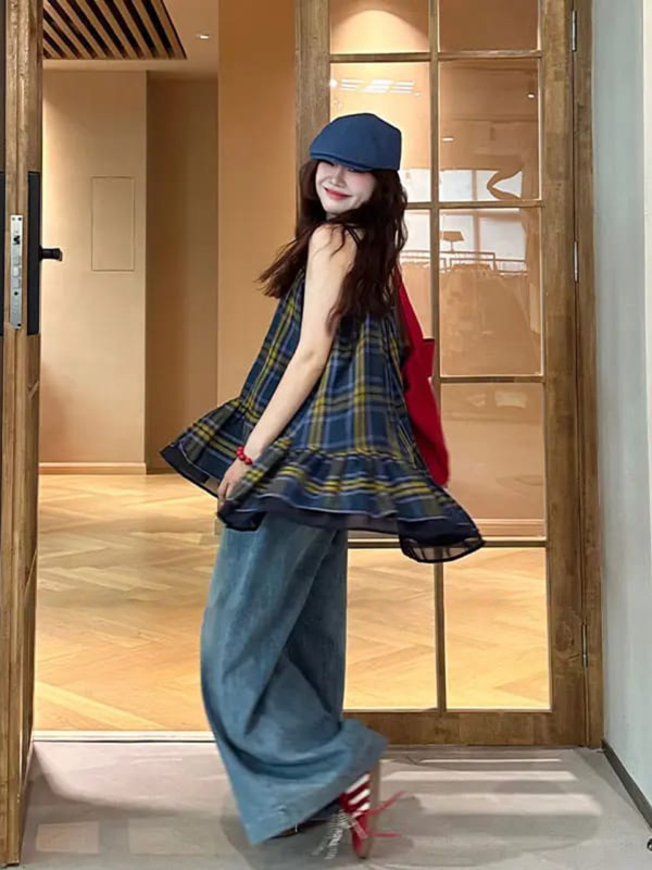 法式复古格纹无袖吊带女夏季小众别致宽松显瘦花边短裙上衣撞色|undefined