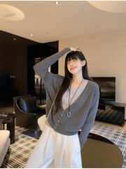 韩系灰色v领长袖针织开衫女秋季复古宽松毛衣外套慵懒风百搭上衣