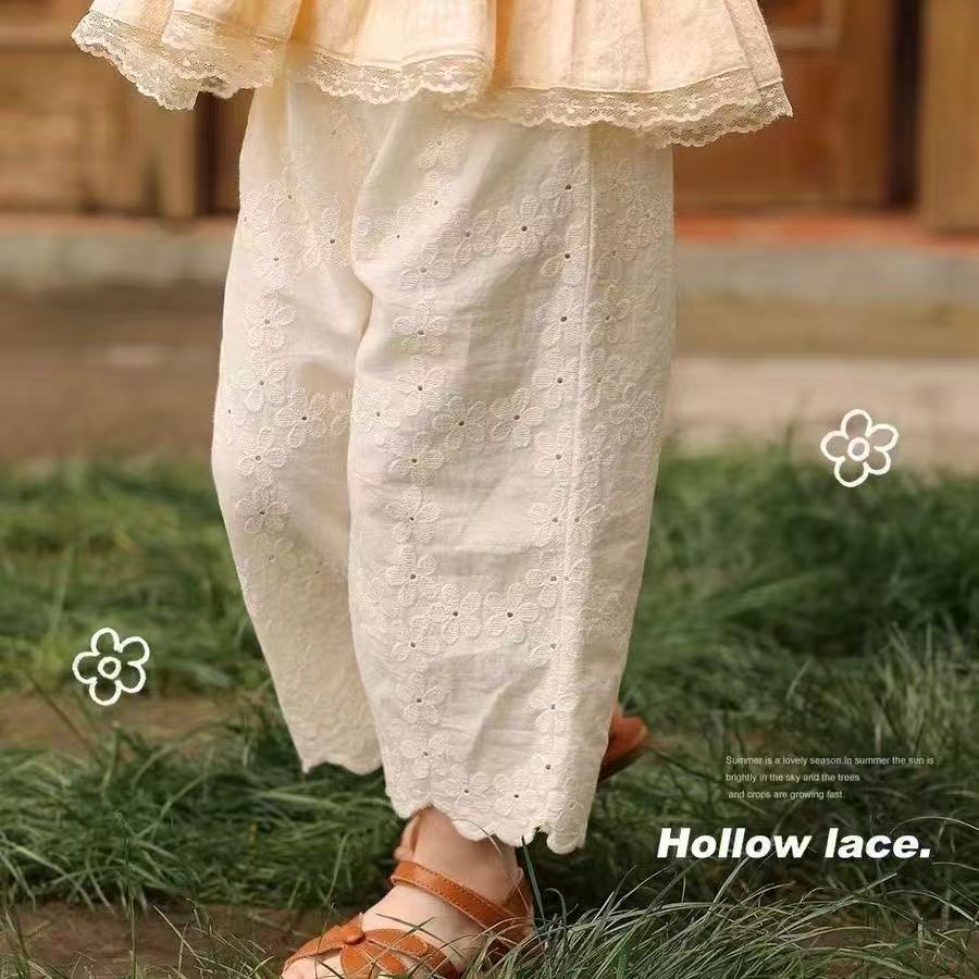 Girls' Niche Retro Hollow Lace Princess Casual Pants Summer Stylish Mosquito-Proof Pants Children's Trendy Pants