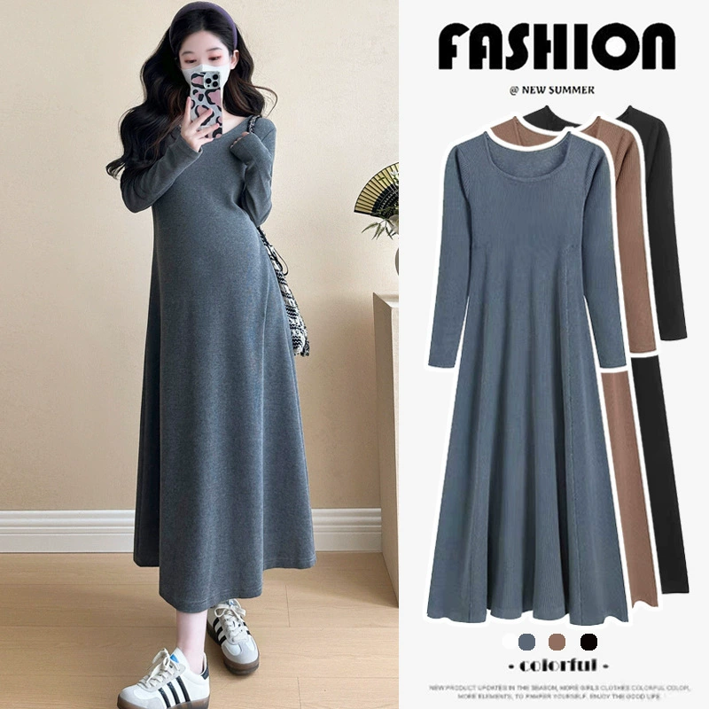 Платья для беременных осенью и зимой 2024 новый премиум чувство свободного тонкого хлопкового дна