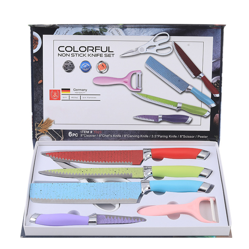 Spot al por mayor cabezal de galvanoplastia doble patrón de onda juego de 6 piezas de cuchillo de cocina de acero inoxidable cuchillo de cocina de regalo para el hogar