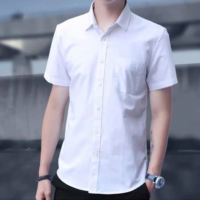 Short-Sleeved Shirt Men's Summer New Korean Style Casual Top Men's Three-Quarter Sleeve Oxford Textile White Shirt Inch Trendy