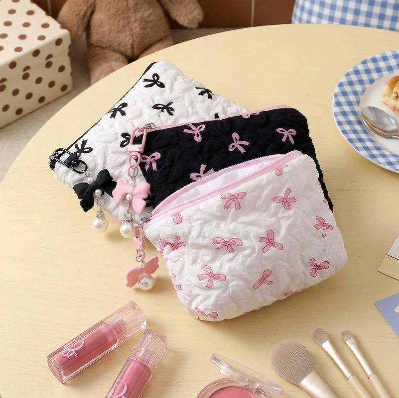 Cosmetic Bag Organizer, Bow Accent Wallet Style, 14×10×2 cm, Lightweight Portable
