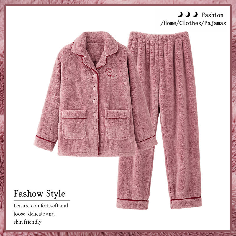 Women's Pajamas for Autumn and Winter, Fleece-Lined and Thickened Coral Fleece Long-Sleeve Cardigan Style, Flannel Warm Two-Piece Loungewear Set Women's Pajamas for Autumn and Winter, Fleece-Lined and Thickened Coral Fleece Long-Sleeve Cardigan Style, Flannel Warm Two-Piece Loungewear Set