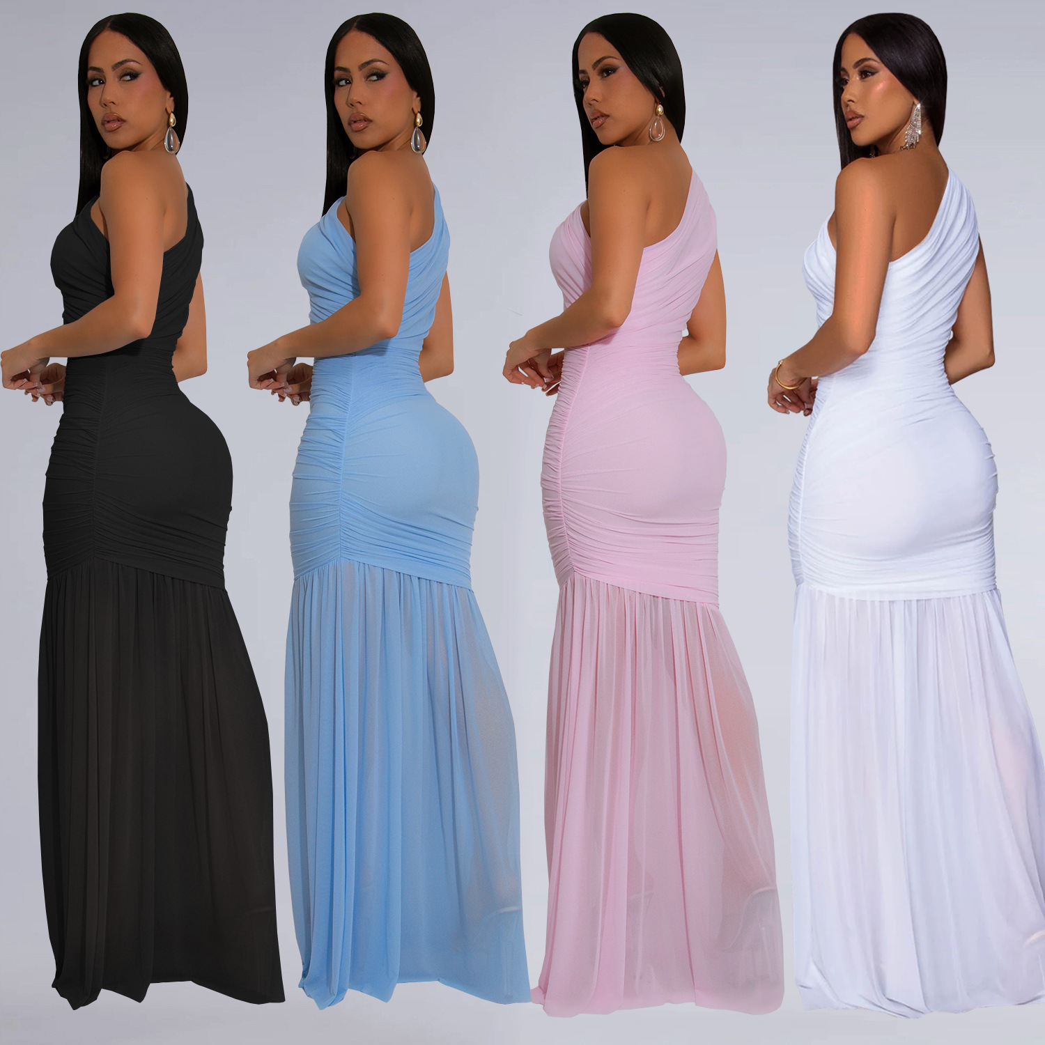C7370 Cross-border AliExpress Amazon Moda europea y americana Vestido de color sólido transparente sexy con hombros inclinados image 3