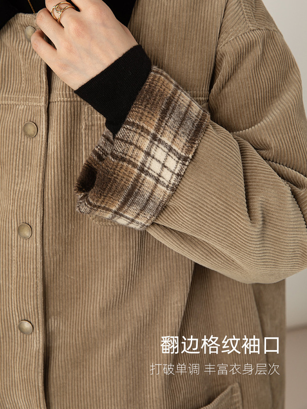 鑫阁复古巴恩风格纹拼接灯芯绒外套女冬季羽绒宽松中长款工装夹克|undefined