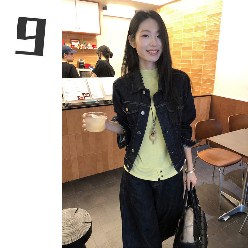 [9hour] Original dark blue short jacket with contrasting topstitching, turn-down collar, loose H-line denim jacket CXS2205