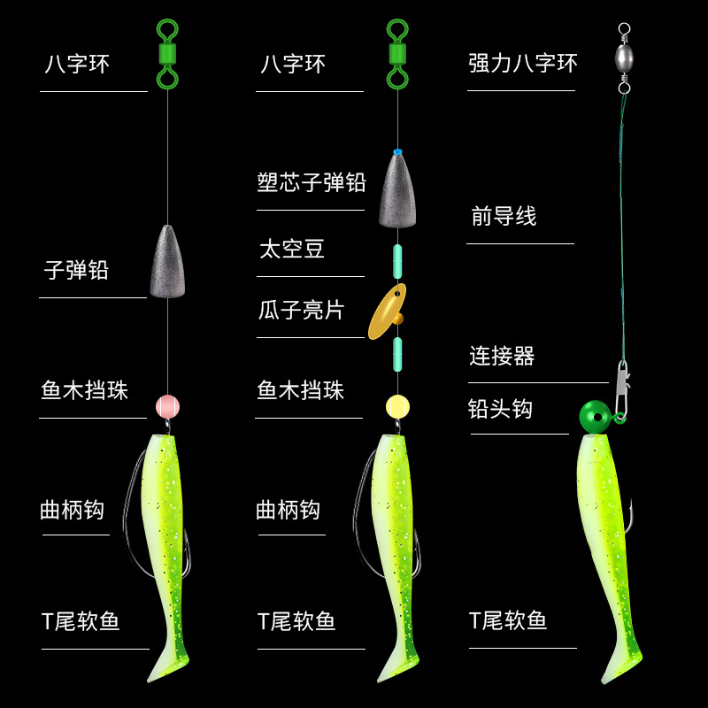 Texas fishing set, ready-tied Luya finished line set, crank hook, T-tail bullet, lead pendant, cocked mouth bass line set