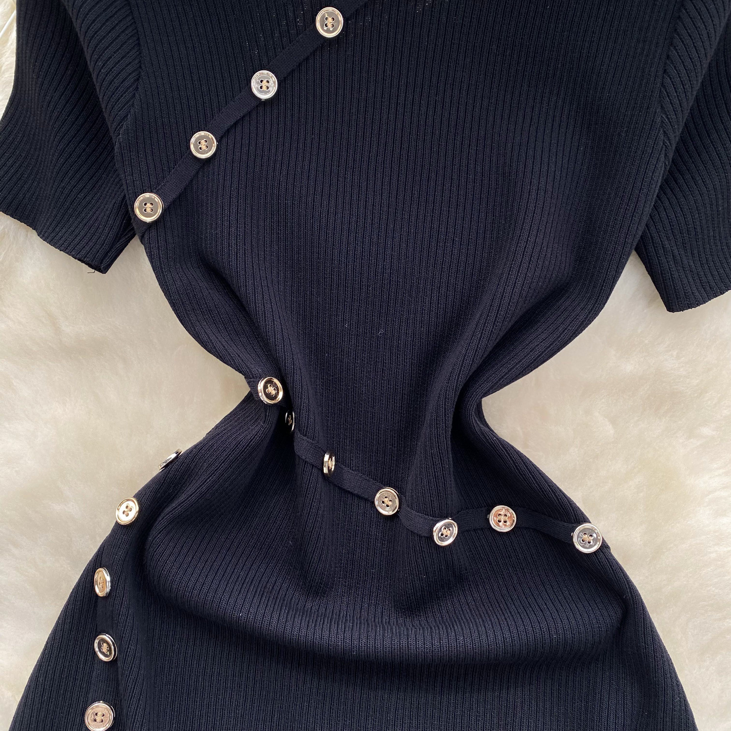 Women's Clothing Elegant High Neck Short Sleeved Women's Knit Dress Button Down Design Slimming Waistline Slit For Stylish Occasions_ecoleips.com