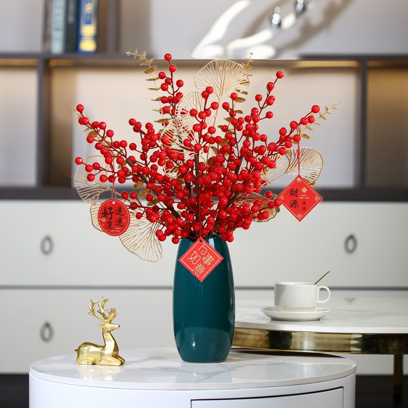 12 flores rojas pequeñas, caqui, acebajos, granada, flores simuladas, adornos de boda, frutas de Navidad