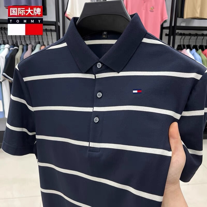 Tommy Tommy Men's Short-sleeved T-shirt Lapel Thin Pure Cotton Casual All-match Polo Shirt Summer Striped Top Trendy