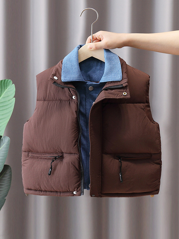 6656 chaleco negro para niños modelos de otoño e invierno 2024 nuevos tops sin mangas acolchados acolchados para niños invierno falso dos