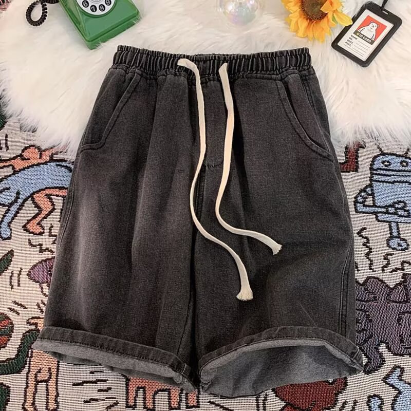 夏用の男性用伸縮性デニムショートパンツ、薄い伸縮性ウエスト、学生用の小さな5点カジュアルパンツ、ゆったり、スリム、ストレート