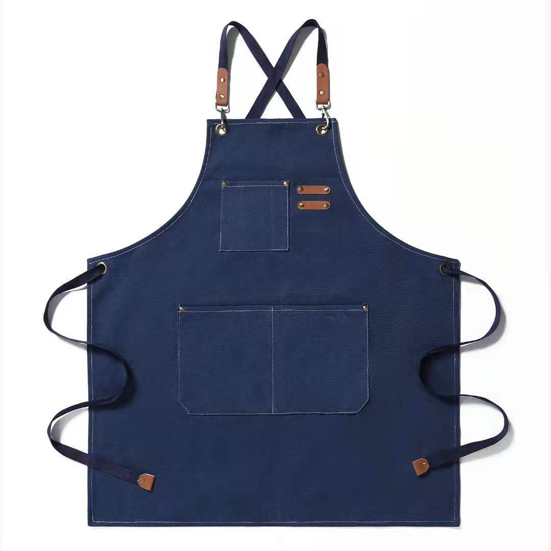 Delantal de algodón de lona impermeable y a prueba de aceite transfronterizo, delantal de trabajo de mezclilla de jardinería de cocina de cafetería al por mayor