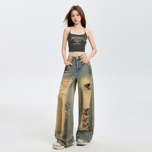 Vintage High Waist Slimming Cement Yellow Ripped Wide Leg Jeans Women's 2025 Summer Fashion Brand Elegant Western Style Straight Leg Pants