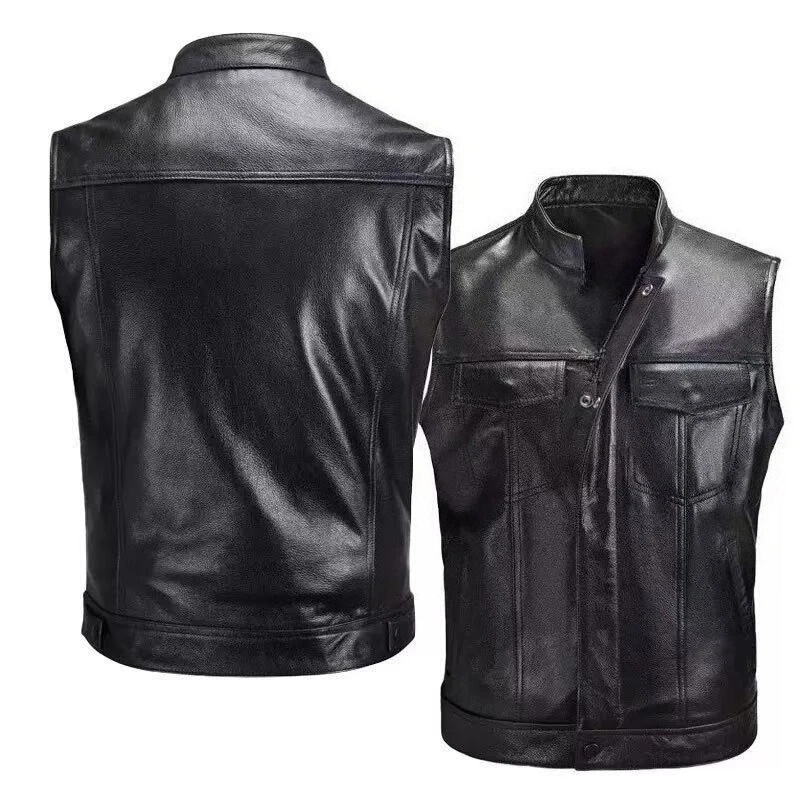 Fashionable Black Motorcycle Hip-Hop Vest for Men, Faux Leather Punk Pure Black Spring Sleeveless Leather Vest