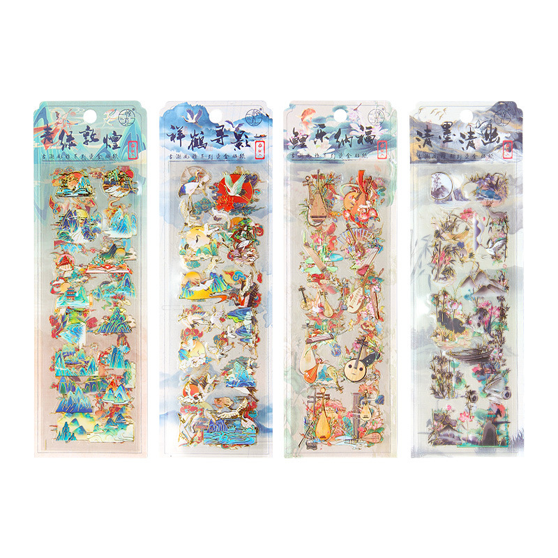 Antiguo estilo transparente estampado pegatinas impermeables pet diy pegatinas de diario de contabilidad pegatinas de pintura de paisaje de estilo chino