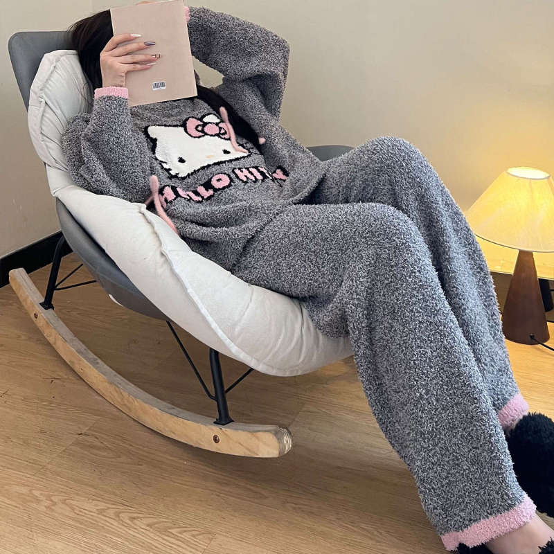少女HelloKitty半边绒睡衣女冬季软糯舒适大码加绒家居服套装ins|undefined