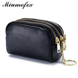 Hot-selling Three-zipper Top-layer Cowhide Coin Purse Simple Mini Key Ring Coin Bag Korean-style Multi-function Small Bag