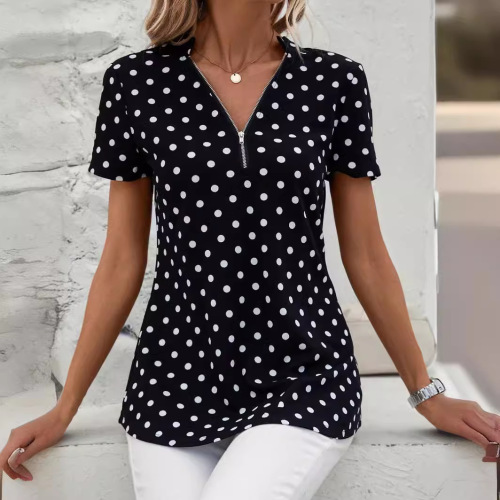 Women's 2025 European and American Printed Polka Dot V-Neck Zipper Irregular Hooded Top