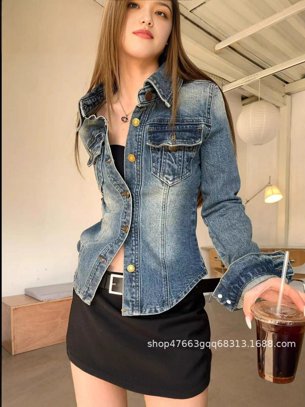 美式复古辣妹翻领蓝色牛仔外套衬衣女早秋修身气质韩版短上衣衬衫|undefined