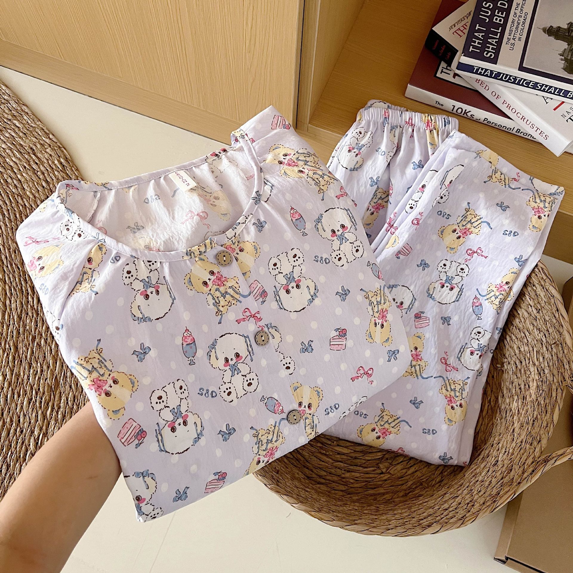 Al por mayor transfronterizo primavera y otoño nubes de algodón doble pijama de cuello largo de manga larga de mujeres cardigans de dibujos animados de alta calidad conjunto de ropa para el hogar