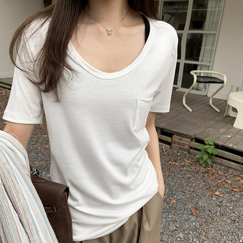 Simple oval collar shoulder short-sleeved T-shirt for women 2024 Summer new style pocket design casual mid-length top