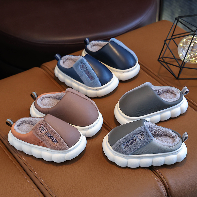 Baby and Parent Cotton Slippers with PU Waterproof Soft Sole, Thick and Fuzzy, Anti-Slip and Warm, for Both Boys and Girls, Winter Home Use