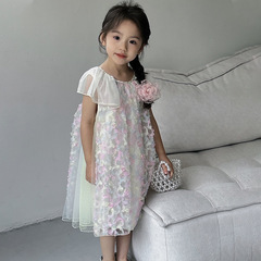 韓國童裝2024夏季新款韓版女童小童飛袖花朵花瓣裙公主裙連衣裙
