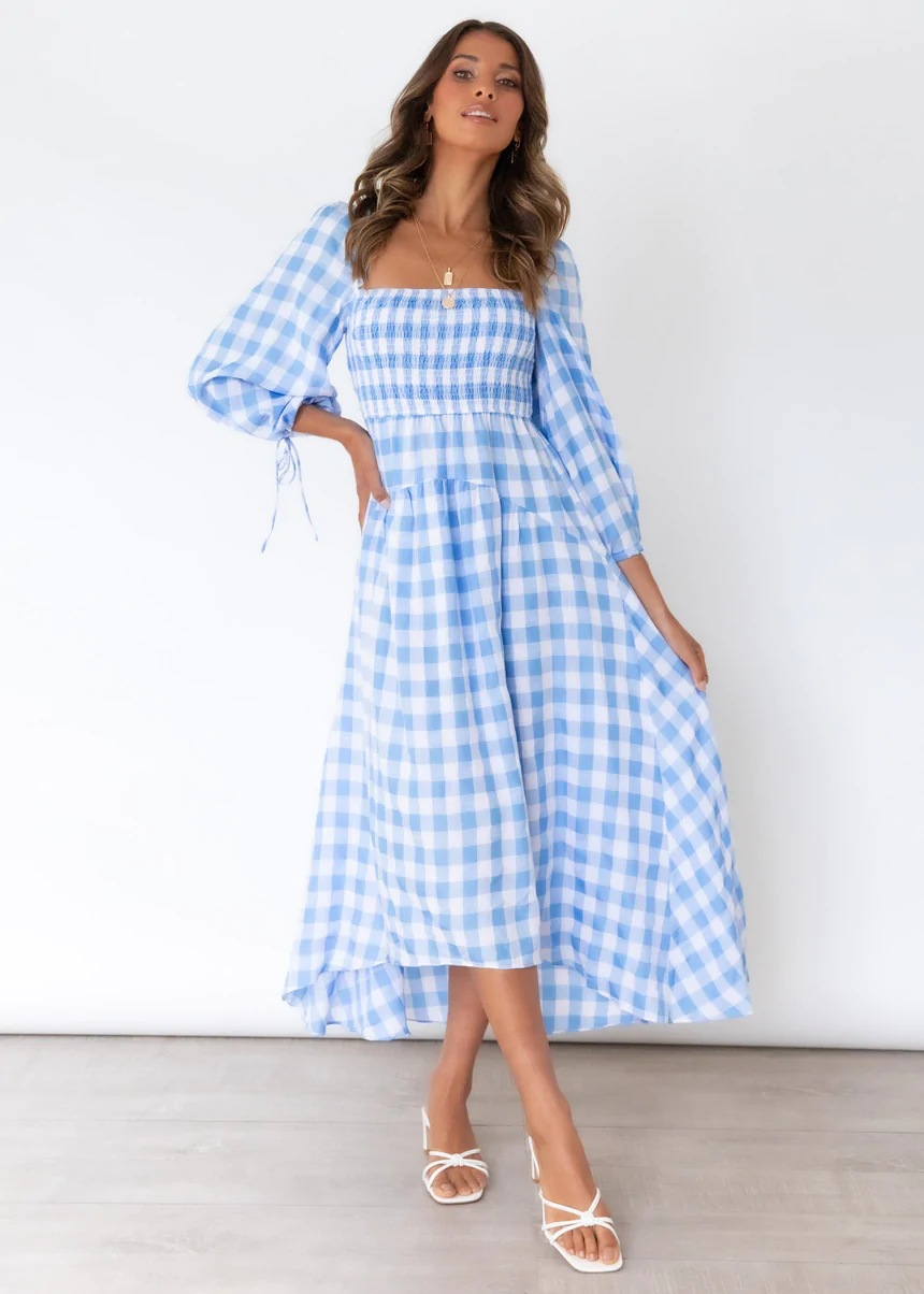 square neck plaid lace-up long sleeve dress NSJRM135702