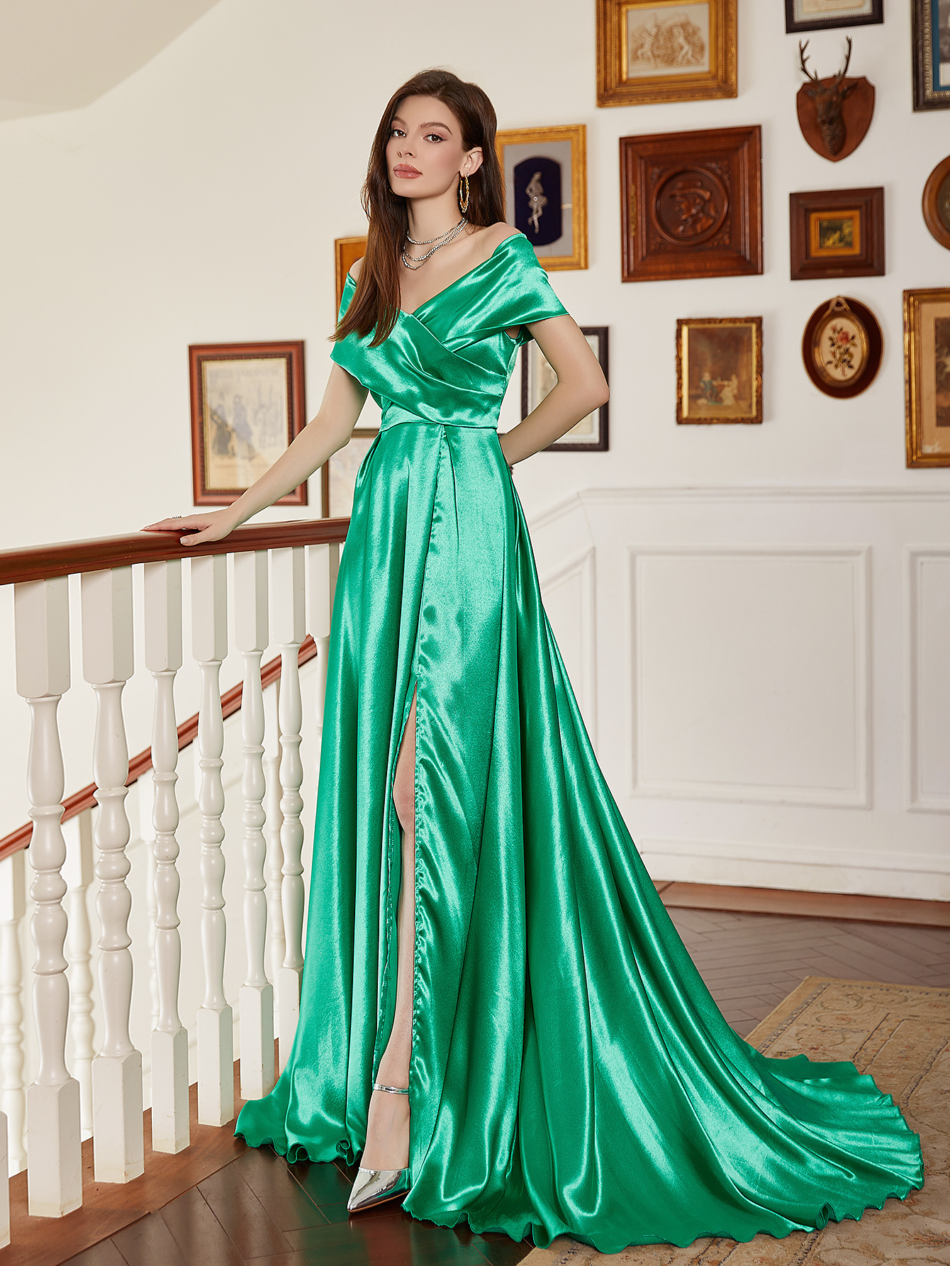 Vestidos formales transfronterizos europeos y americanos, vestidos de noche largos, elegantes vestidos de banquete con cola, vestidos de fiesta con abertura.