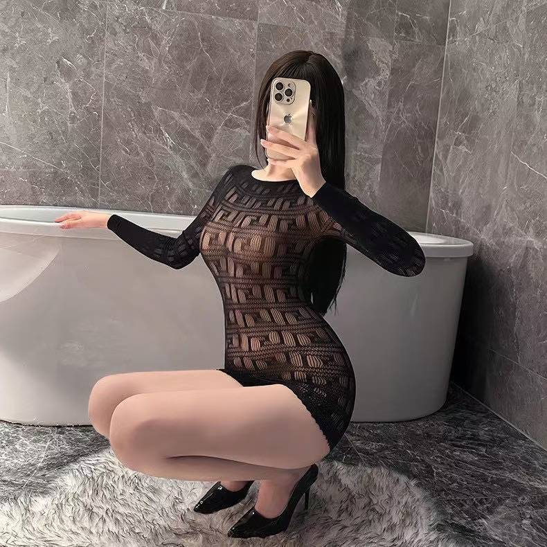 Hollow-Out Fishnet Bodysuit with Short Skirt, Long-Sleeved H-Shaped Black One Size — detail image 6