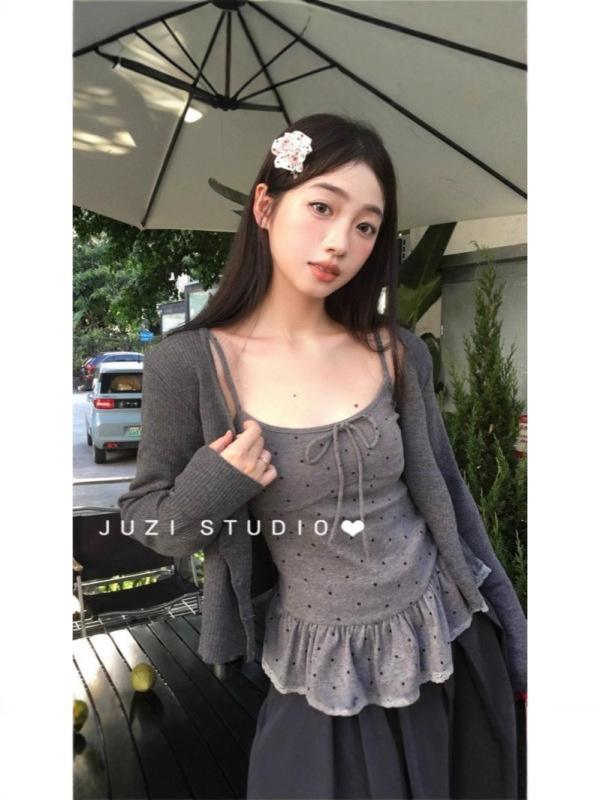 法式休闲风时尚套装休闲针织韩系复古短款显瘦清冷系衣服配飘带|undefined