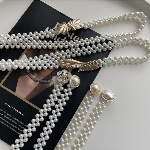 Korean style pearl waist chain ladies belt fashion dress sub-decoration rhinestone elastic beaded elastic waistband wholesale