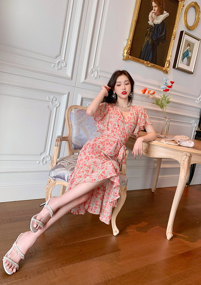 Váy maxi đuôi cá voan xếp tầng kiểu Pháp tay bồng che khuyết điểm — Màu xanh lá chi tiết 25