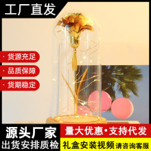 跨境金箔玫瑰花带灯玻璃罩装饰摆件 康乃馨母亲节礼物仿真花装饰