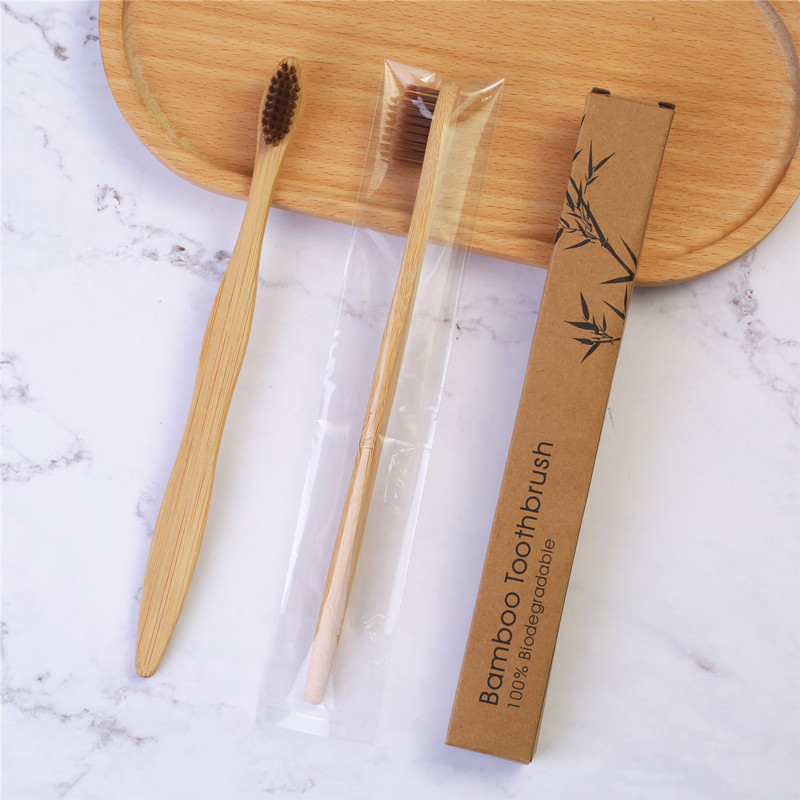 Cepillo de dientes y set de cepillos de dientes para hotel, cerdas suaves de carbón de bambú, desechables, mango de calabaza, cerdas duras, bolsa de papel de bambú, caja de papel, ecológico