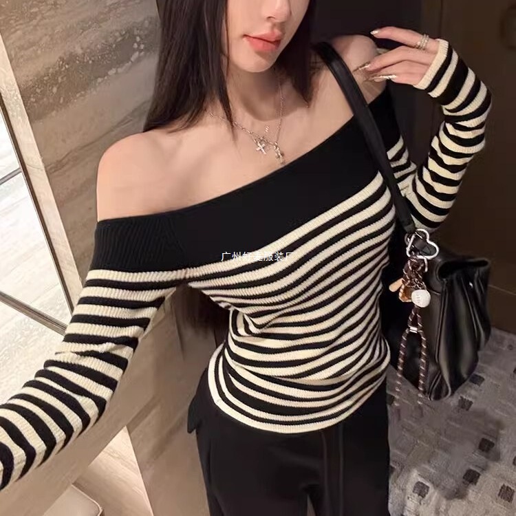 French-Style Off-Shoulder Slim-Fit Striped Long-Sleeve Knit Top for Women