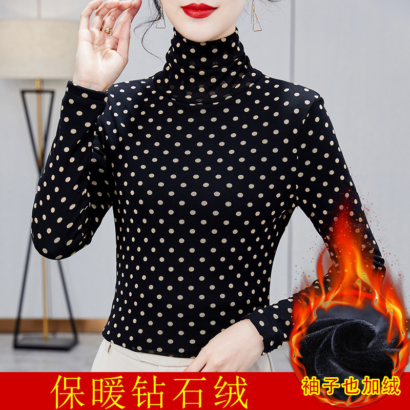 Spring and Autumn Thin/Velvet Thickeneded Turtleneck Women's Tops New Style Polka Dot Printed Inner Layering Shirt