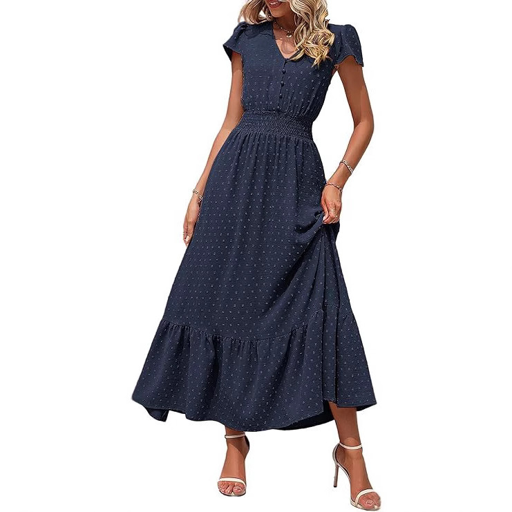 Women's dress Summer Long Dress Bohemian Short-sleeved V-neck Swiss Polka Dot Pleated Layered Elegant Long Dress