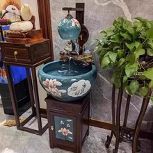 中式景德镇陶瓷鱼缸带柜式金鱼缸流水家用客厅养鱼办公室流水摆件