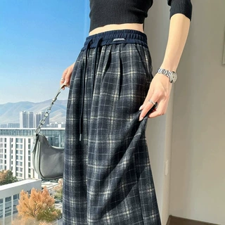 格子阔腿裤女秋冬加绒加厚外穿女士小个子复古弯刀窄版直筒女裤子