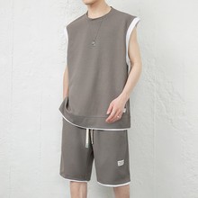华夫格短袖恤背心篮球运动套装男士夏季宽松港风潮时尚两件套
