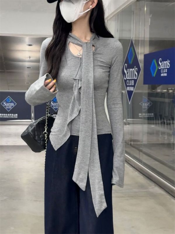 灰色镂空绑带长袖t恤女早秋季修身紧身短款不规则内搭打底衫上衣|undefined