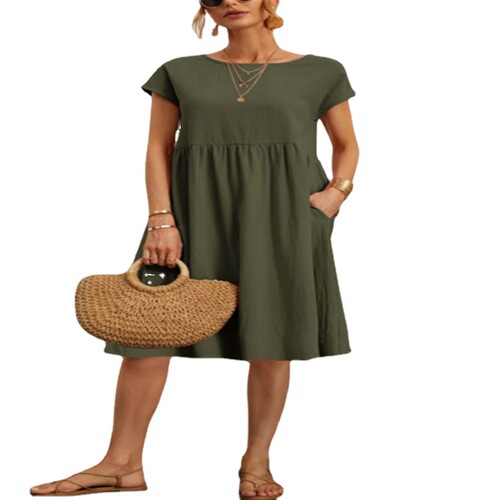 Summer Supply OL Style Women's Cotton Crew Neck A-Line Skirt Dress
