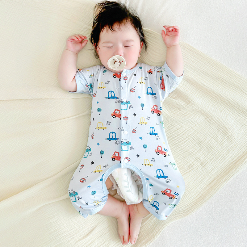 Mono de verano para bebés, mampara de entrepierna abierta de manga corta delgada para recién nacidos, pijamas de verano para niños pequeños para hombres y mujeres, ropa para bebés